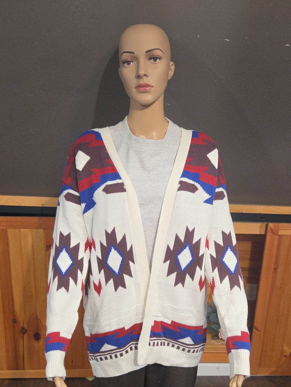 Lucky Brand Cream Open-Front Cardigan with Aztec Pattern in Blue and Red
